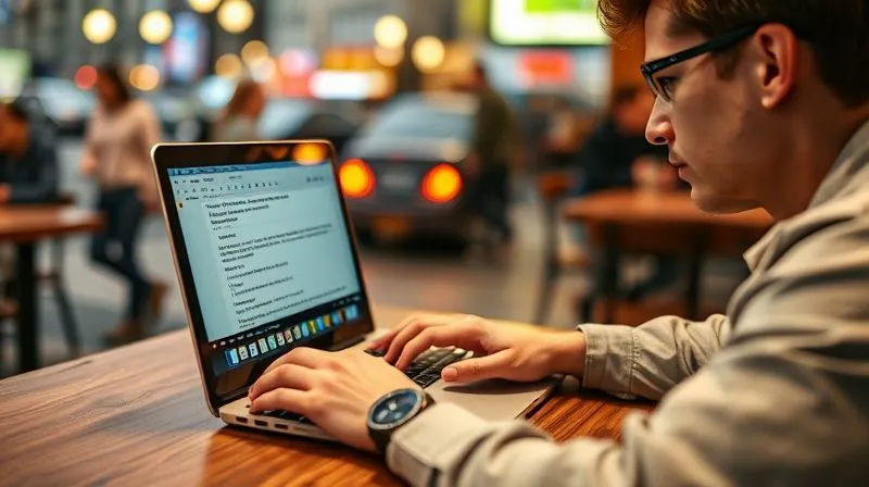 A photorealistic, professional photography image of a digital nomad at a café in a vibrant city, typing on a laptop with a thoughtful expression. On the screen, a personalized email draft is visible, referencing a recent online event. The background shows blurred city life, emphasizing the balance between global mobility and focused digital work. Cinematic lighting, sharp focus on the nomad and laptop, depth of field. 8K hyper-detailed, shot on a high-end DSLR, conveying intentional follow-up and connection nurturing.