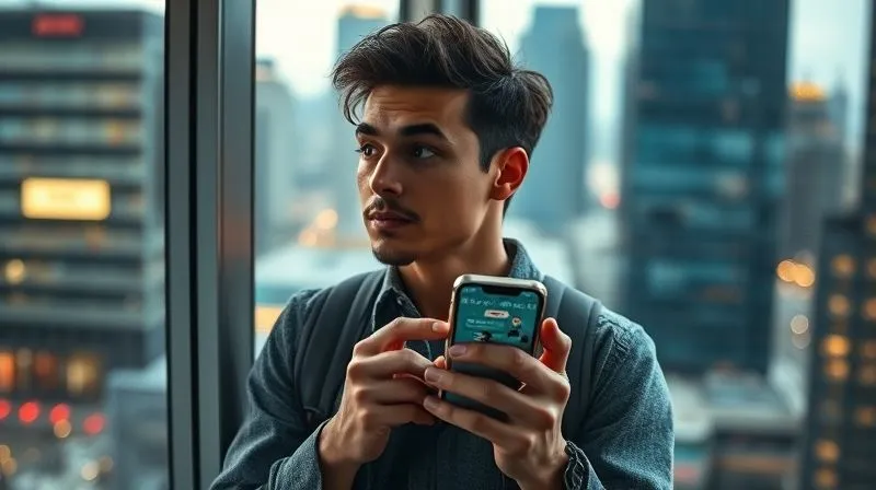 A photorealistic, professional photography image of a digital nomad looking out a window at a bustling city, holding a smartphone with a networking app open. The nomad has a determined yet thoughtful expression, symbolizing resilience and adaptability in a constantly changing environment. Cinematic lighting, sharp focus on the nomad and phone, depth of field blurring the city outside. 8K hyper-detailed, shot on a high-end DSLR, conveying the challenge and triumph of maintaining connections while on the move.