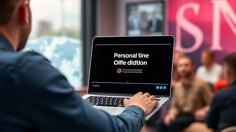 A photorealistic, professional photography image of a digital nomad presenting a compelling online workshop, with a sleek laptop displaying a presentation slide on personal branding. The nomad is articulate and engaging, with a vibrant, modern background suggesting a global audience. Cinematic lighting, sharp focus on the nomad and screen, depth of field blurring the virtual audience. 8K hyper-detailed, shot on a high-end DSLR, conveying expertise and engaging content creation.