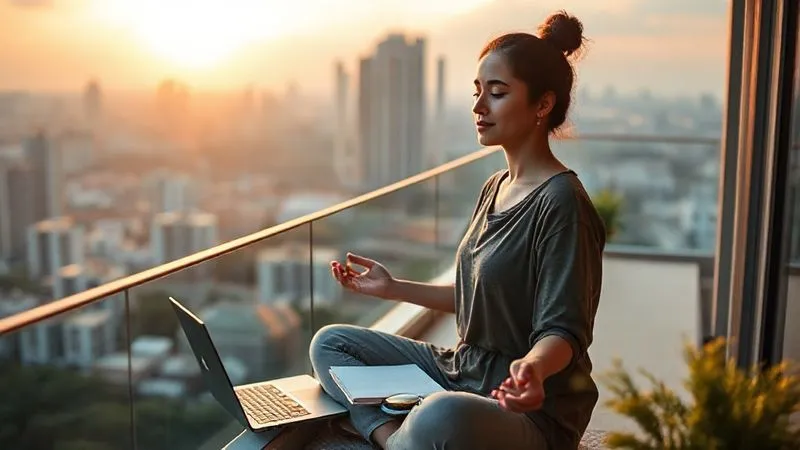 A photorealistic image of a digital nomad (female, 20s, diverse ethnicity) meditating peacefully on a balcony overlooking a sunrise cityscape in Southeast Asia, with a laptop and journal neatly arranged beside her. Cinematic lighting, soft morning glow, sharp focus on her serene expression, depth of field blurring the city below. 8K hyper-detailed, shot on a high-end DSLR.