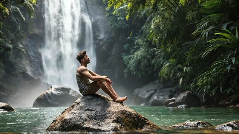 A photorealistic image of a digital nomad (male, 30s, looking relaxed) sitting on a large rock by a pristine waterfall in a lush, tropical jungle. He is looking out at the water, with no devices in sight. Cinematic lighting, mist from the waterfall creating a soft glow, sharp focus on the nomad's contemplative expression, depth of field blurring the dense foliage. 8K hyper-detailed, shot on a high-end DSLR.