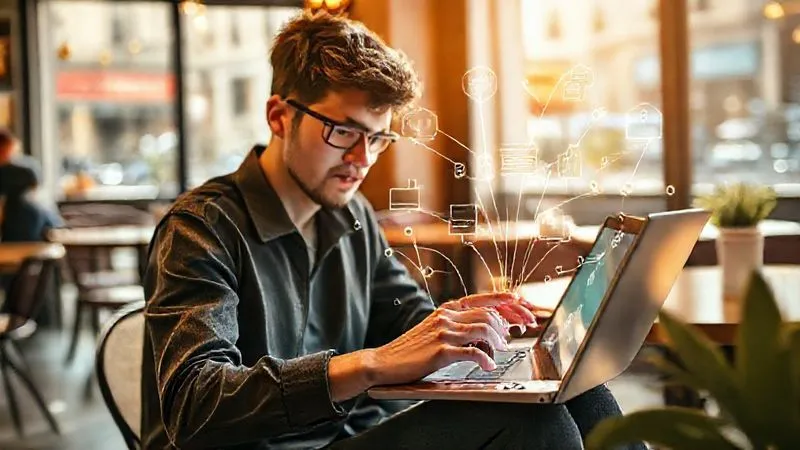A photorealistic image of a digital nomad (gender-neutral, 20s) sitting in a vibrant, sunlit cafe in a European city, intently organizing digital notes on a tablet. Their laptop is open with various knowledge management apps visible. Abstract, glowing lines connect different ideas and concepts around the screen, symbolizing a personal knowledge system. Cinematic lighting, sharp focus on the tablet and the nomad's focused hands, depth of field blurring the cafe background. 8K hyper-detailed, shot on a high-end DSLR.