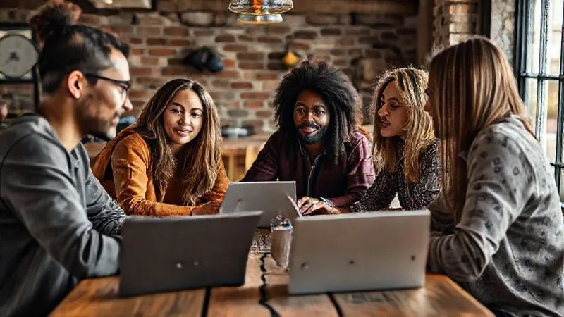 A photorealistic close-up of a diverse group of digital nomads (various ages, ethnicities) engaged in deep conversation around a rustic table in a co-working space, with laptops open but attention on each other. The scene should convey connection, understanding, and shared purpose. Cinematic lighting, sharp focus on faces, depth of field, 8K, professional photography, shot on a high-end DSLR.