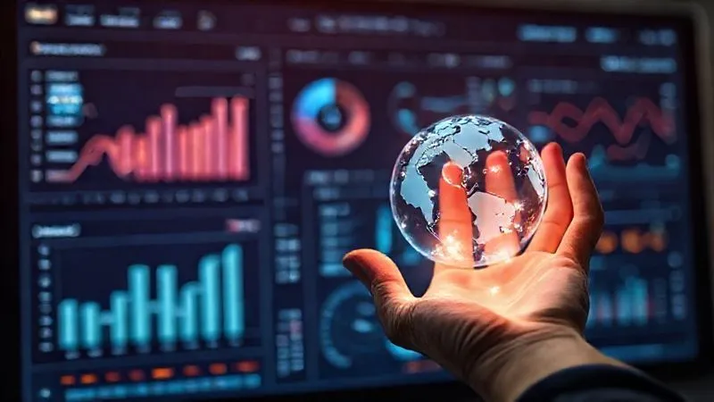 A photorealistic image of a sleek, modern dashboard displaying various analytics charts and graphs (bar charts, pie charts, line graphs) with glowing data points. A hand (gender neutral) with a holographic globe projection on the palm is interacting with the screen, indicating global data insights. Cinematic lighting, sharp focus on the dashboard, depth of field, 8K, professional photography, shot on a high-end DSLR.