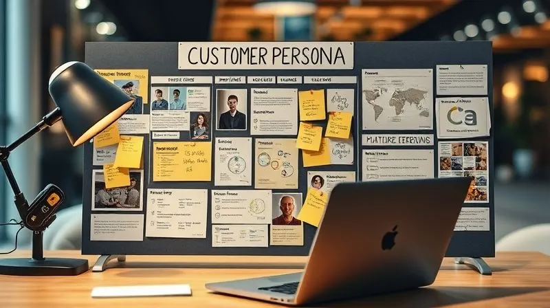 A photorealistic image of a detailed customer persona board, with sticky notes, photos, and infographics illustrating demographics, psychographics, goals, and pain points of a digital nomad, set on a modern desk with a laptop. Cinematic lighting, sharp focus on the persona board, depth of field blurring the background, 8K hyper-detailed. Professional photography, shot on a high-end DSLR.