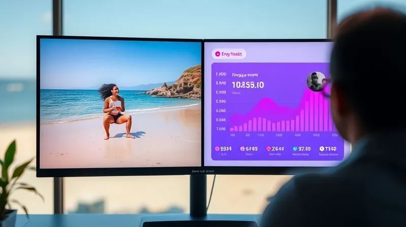 A photorealistic image of a split-screen showing two different ad creatives (A/B testing), one with a simple, authentic video of a digital nomad working from a beach, and the other with a sleek, professional graphic. Both screens display engagement metrics. Cinematic lighting, sharp focus on the screens, depth of field blurring the background, 8K hyper-detailed. Professional photography, shot on a high-end DSLR.