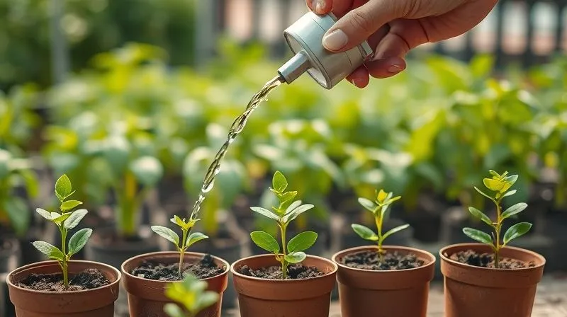 A photorealistic image of a series of small, growing plants in pots, each representing a successful ad campaign, being carefully watered by a digital nomad. In the background, a larger, thriving garden symbolizes scaled growth. Cinematic lighting, sharp focus on the plants and watering hand, depth of field blurring the background, 8K hyper-detailed. Professional photography, shot on a high-end DSLR.