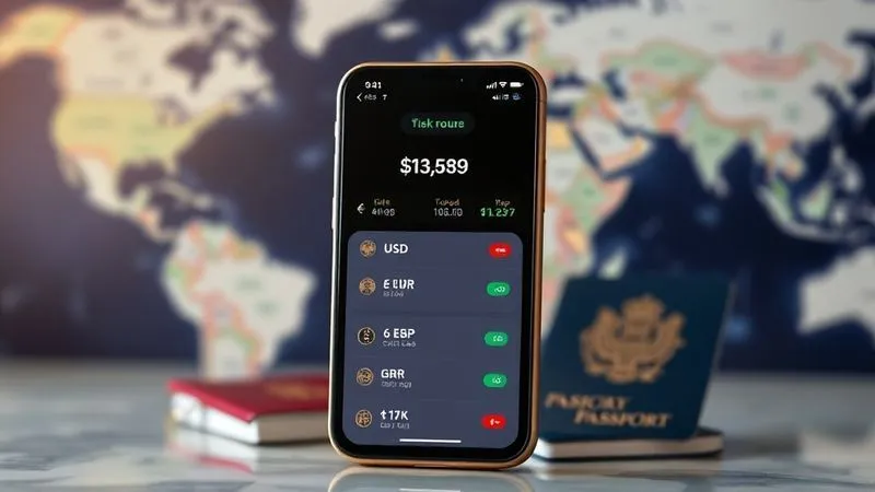 A photorealistic, professional photography of a smartphone screen displaying a clean, user-friendly multi-currency banking app interface, with various currency balances (USD, EUR, GBP, BRL) clearly visible. The background shows a blurred image of a world map and a passport, suggesting global travel and financial freedom. Cinematic lighting, sharp focus on the phone screen, depth of field, 8K hyper-detailed.