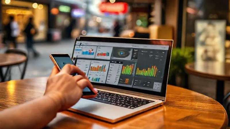 A photorealistic, professional photography, 8K, cinematic lighting, sharp focus, depth of field, shot on a high-end DSLR, of a sleek, minimalist laptop open on a wooden table in a cafe, displaying a dashboard of various financial apps with colorful charts and graphs. A pair of hands, one holding a smartphone, are interacting with the screen. A blurred background shows a bustling street, emphasizing the idea of managing finances while on the go.