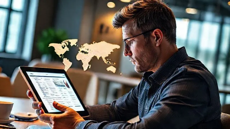 A photorealistic, professional photography, 8K, cinematic lighting, sharp focus, depth of field, shot on a high-end DSLR, of a person thoughtfully looking at a tablet screen displaying a complex digital tax form and a world map with highlighted regions. The scene is set in a modern, well-lit co-working space, with a cup of coffee and a notebook nearby. The focus is on the tablet and the person's engaged expression, conveying the challenge and solution of managing global taxes.