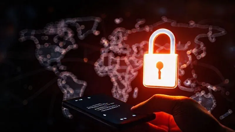 A photorealistic, professional photography, 8K, cinematic lighting, sharp focus, depth of field, shot on a high-end DSLR, of a glowing digital padlock icon superimposed over a blurred world map, with a network of secure data lines connecting different continents. The foreground features a smartphone displaying a banking app with a biometric authentication prompt, emphasizing robust digital security for global finances. The lighting is dark and dramatic, highlighting the padlock's glow.