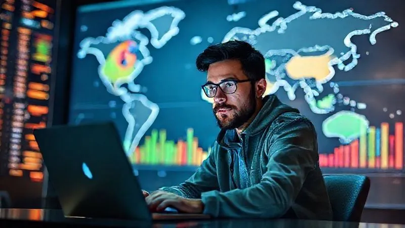 A photorealistic image of a digital nomad sitting at a laptop, surrounded by a subtle, glowing digital representation of a budget spreadsheet with pie charts and bar graphs, indicating financial planning and optimization. The nomad has a focused yet calm expression, with a world map blurred in the background. Professional photography, 8K, cinematic lighting, sharp focus, depth of field, shot on a high-end DSLR.