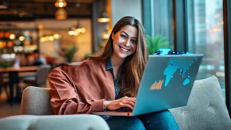 A photorealistic image of a young woman, Sofia, with a laptop open, sitting comfortably in a vibrant co-working space in a foreign city. She is smiling confidently, looking at a digital interface on her screen that shows graphs of financial growth and a world map with interconnected investment points. Cinematic lighting, sharp focus, depth of field, 8K, professional photography, shot on a high-end DSLR.