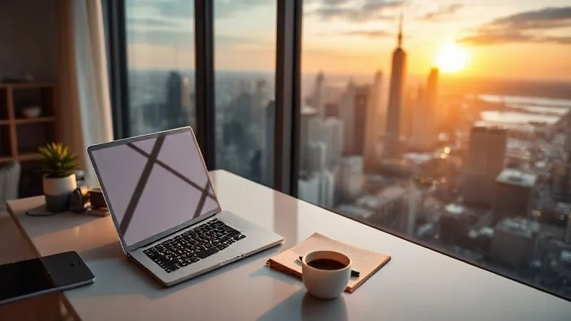 A photorealistic image of a minimalist, organized desk setup in a bright, modern Airbnb apartment, overlooking a vibrant city skyline at dawn. A laptop is open, a notebook and pen are neatly placed, and a single cup of coffee sits beside it. The scene evokes calm, focus, and productivity. Cinematic lighting, 8K, sharp focus on the desk, depth of field blurring the city, shot on a high-end DSLR.