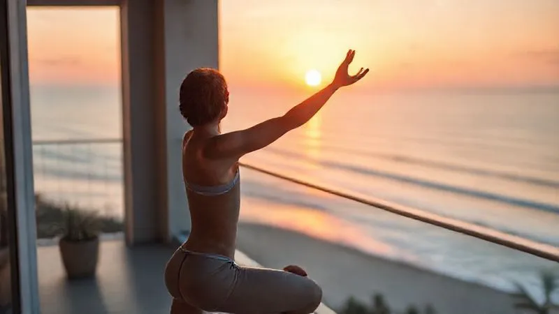 A photorealistic image of a digital nomad performing a mindful yoga pose on a balcony overlooking a serene beach at sunrise. The colors are soft and warm, highlighting a sense of peace and balance. The focus is on the individual's form and the tranquil environment. Cinematic lighting, 8K, sharp focus on the person, depth of field blurring the beach, shot on a high-end DSLR.