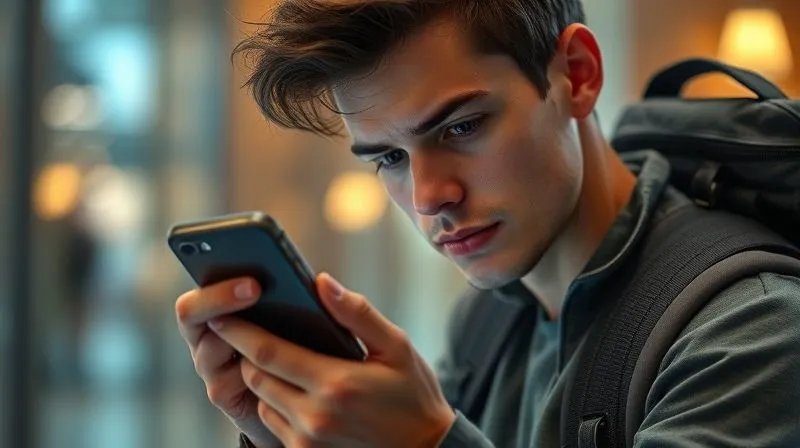 A photorealistic image of a person checking a world clock app on their smartphone, looking slightly tired but determined, with a travel backpack nearby, trying to adjust their sleep schedule. Cinematic lighting, sharp focus on the phone screen and face, depth of field blurring the background, 8K hyper-detailed, professional photography, shot on a high-end DSLR.