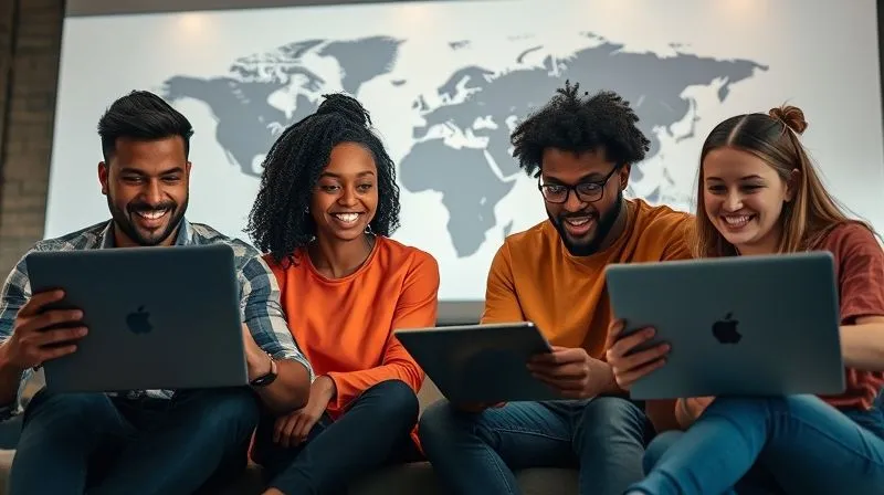 A photorealistic image of a diverse group of digital nomads, some on laptops, some on tablets, engaged in a video conference call, with a stylized world map subtly projected in the background. They appear collaborative and focused. Cinematic lighting, sharp focus on the faces and screens, depth of field blurring the background, 8K hyper-detailed, professional photography, shot on a high-end DSLR.