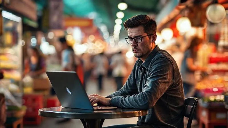 A photorealistic image of a person sitting at a small table in a bustling, vibrant outdoor market, looking overwhelmed and stressed by their laptop and multiple open tabs, surrounded by blurred, chaotic activity. Cinematic lighting, sharp focus on the person's distressed expression, depth of field. Shot on a high-end DSLR, 8K hyper-detailed.