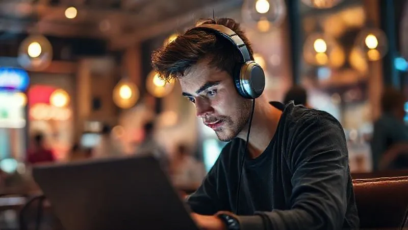 A photorealistic image of a digital nomad wearing noise-cancelling headphones, intensely focused on a laptop screen, seated comfortably in a bustling, vibrant, yet blurred cafe. A subtle, ethereal glowing bubble surrounds the nomad, symbolizing a zone of focus amidst the chaotic background. Cinematic lighting, sharp focus on the nomad's serene expression, depth of field. Shot on a high-end DSLR, 8K hyper-detailed.