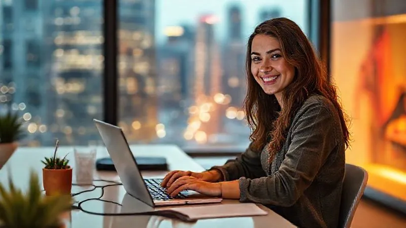 A photorealistic image of a young female digital nomad, Sofia, smiling confidently while coding on her laptop at a clean, organized desk in a modern co-working space, with a vibrant, blurred cityscape visible through a large window. She wears comfortable, stylish clothes. Cinematic lighting, sharp focus on Sofia and her focused work, depth of field. Shot on a high-end DSLR, 8K hyper-detailed.