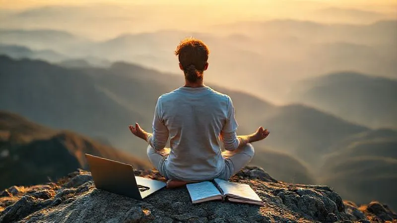 A photorealistic image of a digital nomad meditating calmly on a mountaintop at sunrise, with a laptop and a neatly organized journal beside them. The background shows a vast, inspiring landscape. Cinematic lighting, sharp focus on the nomad, depth of field blurring the distant mountains, 8K hyper-detailed, professional photography.