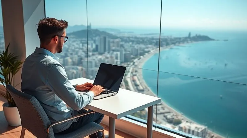 A photorealistic image of a person sitting comfortably at a minimalist desk with a laptop, overlooking a stunning, sun-drenched coastal city skyline. The atmosphere is calm and productive, suggesting a favorable living and tax environment. Cinematic lighting, sharp focus on the person and the immediate workspace, with a soft depth of field blurring the distant city. 8K hyper-detailed, professional photography, shot on a high-end DSLR.