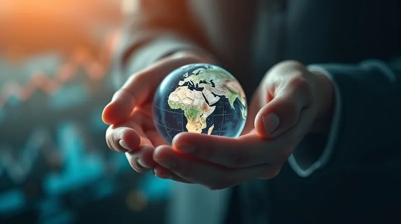 A photorealistic image of hands gently cradling a small, illuminated globe, surrounded by stylized digital lines representing financial data and growth charts. The scene conveys a sense of global foresight and strategic financial planning, with soft, cinematic lighting. Sharp focus on the hands and globe, with a depth of field blurring the background elements. 8K hyper-detailed, professional photography, shot on a high-end DSLR.