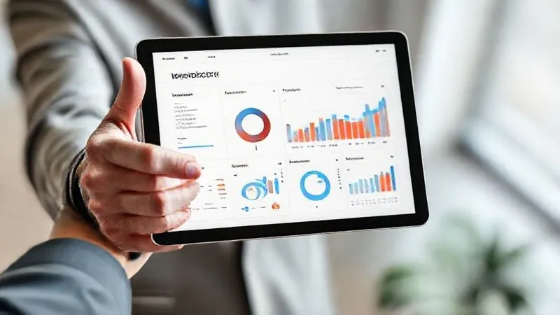 A photorealistic image of a professional portfolio presentation on a sleek tablet, showcasing impressive UX design work with clear data visualizations (charts, graphs), with a confident hand gesturing towards it. Professional photography, 8K, cinematic lighting, sharp focus, depth of field.
