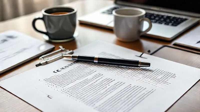 A photorealistic image of a detailed contract document open on a desk, with a pen resting on it, surrounded by items symbolizing remote work like a laptop and a coffee cup, emphasizing terms beyond just money. Professional photography, 8K, cinematic lighting, sharp focus, depth of field.