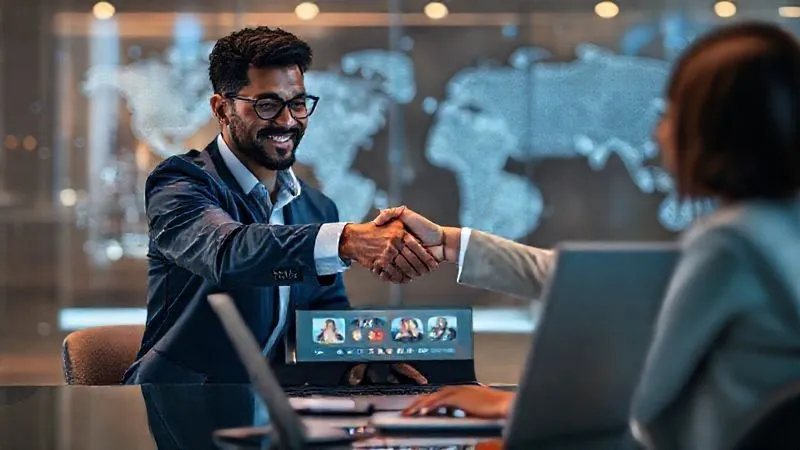 A photorealistic image of two diverse professionals, one a digital nomad, shaking hands warmly over a video call on a laptop screen, symbolizing successful long-term remote collaboration and trust, with a subtle background of global connections. Professional photography, 8K, cinematic lighting, sharp focus, depth of field.