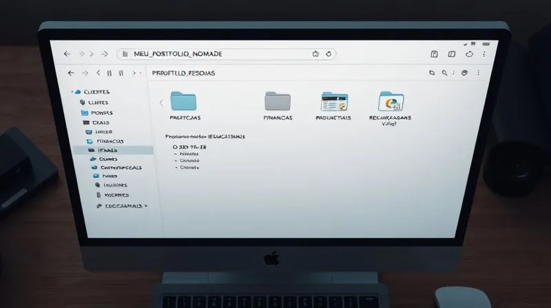 A photorealistic, top-down view of a minimalist computer screen displaying a cloud storage interface. The main folder 'MEU_PORTFOLIO_NOMADE' is open, revealing clearly labeled subfolders like 'CLIENTES', 'PROJETOS_PESSOAIS', 'FINANCAS', 'DOCUMENTOS_PESSOAIS', and 'RECURSOS_EDUCACIONAIS'. Inside 'CLIENTES', there's a folder 'ClienteX' with a file named '2023-10-26_Proposta_ClienteX_V2.pdf'. The layout is clean, intuitive, and visually organized. Cinematic lighting, sharp focus on the screen, depth of field blurring the desk background, 8K hyper-detailed, professional photography, shot on a high-end DSLR.
