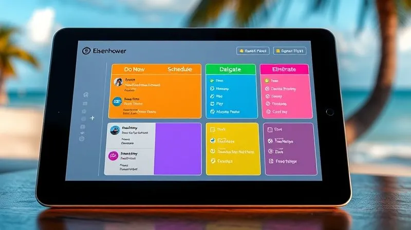 A photorealistic image of a vibrant digital dashboard for task management, displayed on a tablet. The dashboard shows a clear Eisenhower Matrix layout with four quadrants: 'Do Now', 'Schedule', 'Delegate', 'Eliminate'. Tasks are neatly categorized with colorful labels and due dates, indicating progress and priorities. Cinematic lighting, sharp focus on the tablet screen, depth of field blurring a tropical beach background, 8K hyper-detailed, professional photography, shot on a high-end DSLR.