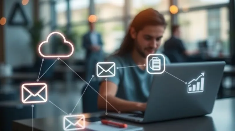 A photorealistic, artistic rendering of interconnected digital applications (representing a workflow automation). Icons for cloud storage, email, task management, and project management are linked by glowing, ethereal lines, symbolizing seamless data flow. The background is a subtle, blurred image of a productive digital nomad working on a laptop in a vibrant co-working space. Cinematic lighting, sharp focus on the interconnected icons, depth of field, 8K hyper-detailed, professional photography, shot on a high-end DSLR.