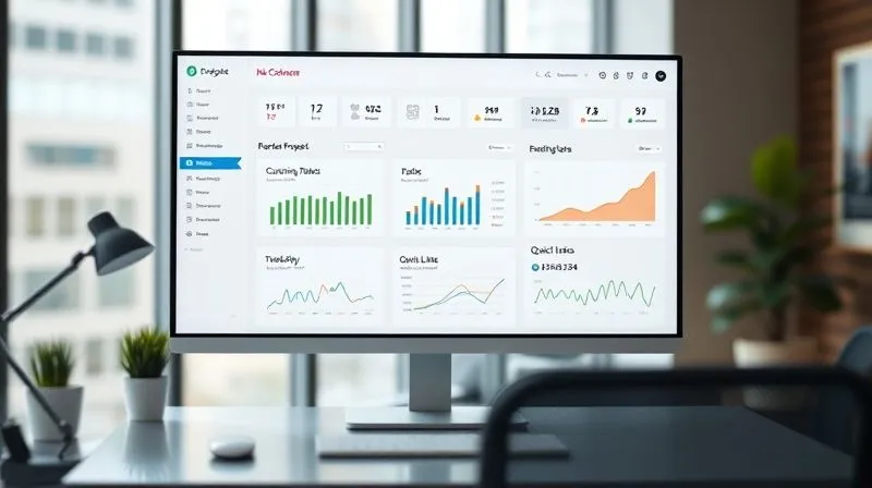 A photorealistic image of a sleek, minimalist digital dashboard displayed on a large, high-resolution monitor. The dashboard features clean widgets showing 'Current Projects' with progress bars, 'Upcoming Tasks' with due dates, 'Financial Overview' with a simple graph, and 'Quick Links' to essential tools. The color scheme is calming and professional. Cinematic lighting, sharp focus on the screen, depth of field blurring a modern, uncluttered workspace, 8K hyper-detailed, professional photography, shot on a high-end DSLR.