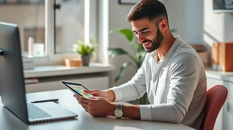 A photorealistic image of a digital nomad sitting at a clean, organized desk, looking calmly at a colorful, block-based schedule on a tablet. Sunlight streams through a window, illuminating a plant nearby. Cinematic lighting, sharp focus on the tablet and the nomad's hands, depth of field, 8K hyper-detailed, professional photography, shot on a high-end DSLR.