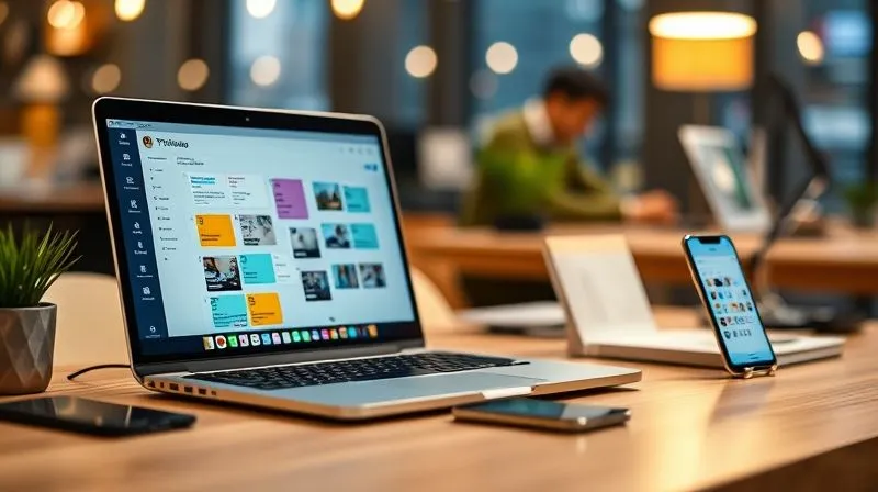A photorealistic image of a digital nomad's workspace, featuring a sleek laptop displaying a task management app (like Trello or Notion) with colorful cards. A smartphone shows a calendar app. The background is a blurred cityscape or a vibrant co-working space, suggesting movement and connectivity. Cinematic lighting, sharp focus on the screens and organized desk, depth of field, 8K hyper-detailed, professional photography, shot on a high-end DSLR.
