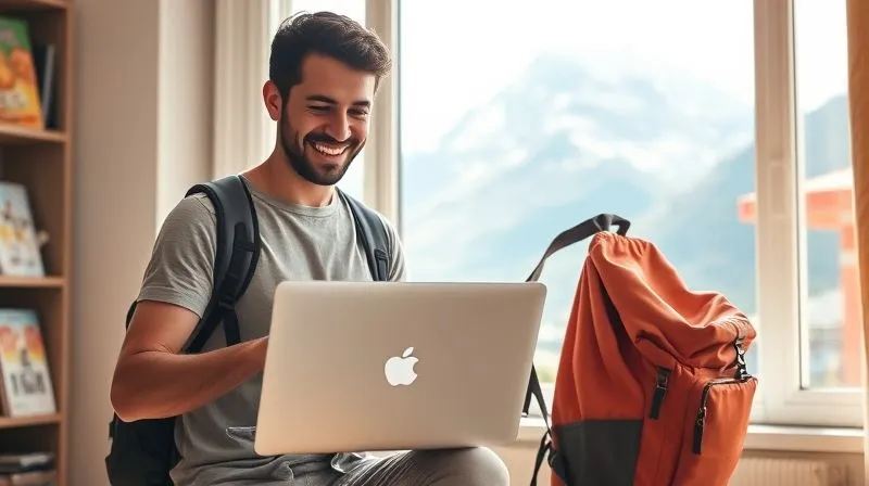 A photorealistic image of a digital nomad happily closing a laptop, with a hiking backpack ready beside them, in a vibrant, sunlit room. Through the window, a stunning mountain landscape or a bustling local market is visible. The scene conveys a sense of freedom, balance, and seizing spontaneous opportunities. Cinematic lighting, sharp focus on the nomad and the backpack, depth of field, 8K hyper-detailed, professional photography, shot on a high-end DSLR.