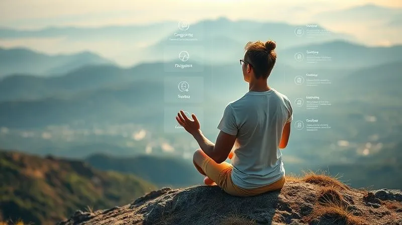 Photorealistic, professional photography, 8K, cinematic lighting, sharp focus, depth of field, shot on a high-end DSLR. A person meditating peacefully on a mountaintop overlooking a vast, beautiful landscape, with a subtle digital interface overlay showing organized tasks and a calm, focused expression, symbolizing inner calm amidst a flexible, changing environment.
