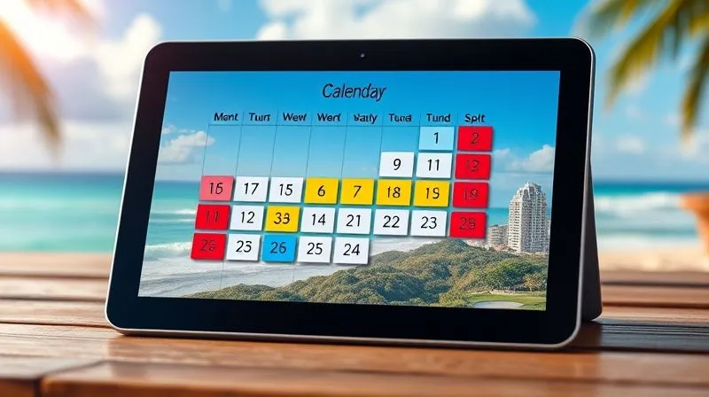 Photorealistic, professional photography, 8K, cinematic lighting, sharp focus, depth of field, shot on a high-end DSLR. A hand drawing flexible, colored blocks on a digital tablet calendar, with a vibrant, changing background suggesting different locations (beach, mountain, city), symbolizing adaptable time management for a digital nomad.