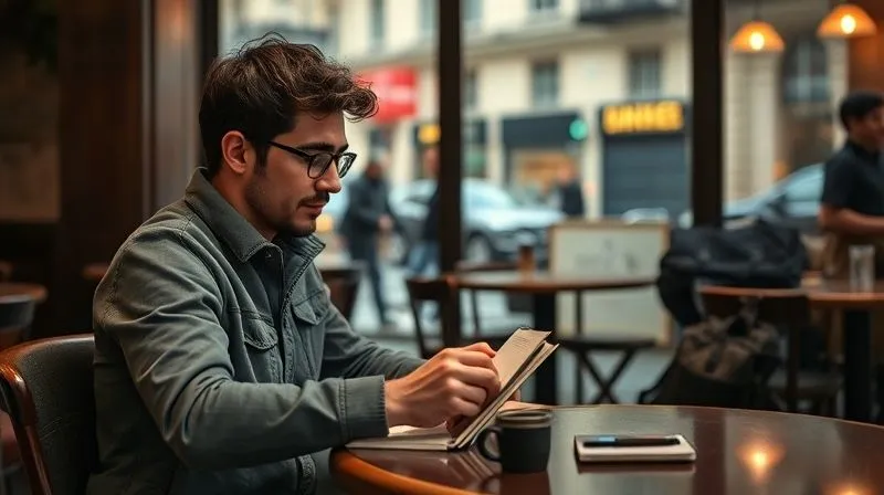 Photorealistic, professional photography, 8K, cinematic lighting, sharp focus, depth of field, shot on a high-end DSLR. A person journaling thoughtfully in a cozy cafe in a foreign city, surrounded by subtle hints of travel (passport, small backpack), emphasizing calm reflection and habit formation for a digital nomad.
