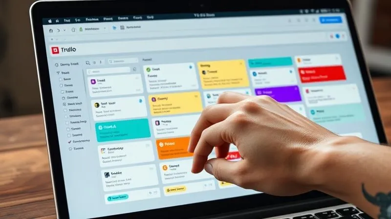A photorealistic, professional photography, 8K, cinematic lighting, sharp focus, depth of field, shot on a high-end DSLR, showing a detailed Trello board on a laptop screen. The board features multiple lists like 'To Do', 'Doing', 'Done', and 'Ideas'. Each card has distinct, brightly colored labels (e.g., 'Urgent', 'Client A', 'Marketing', 'Personal') and some show custom fields like 'Due Date' or 'Budget'. A hand with a subtle tattoo, possibly a travel-related one, hovers over the trackpad, indicating interaction. The background is a clean, modern workspace, perhaps a desk in a co-working space, with soft natural light filtering in. The image emphasizes clarity and organization within the Trello interface.