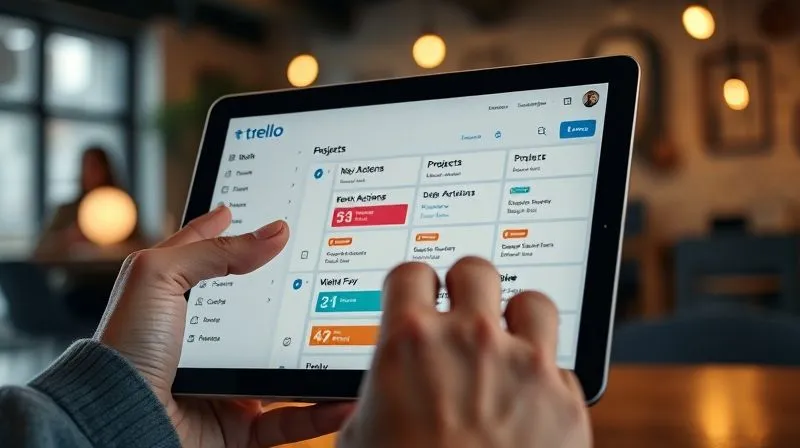 A photorealistic, professional photography, 8K, cinematic lighting, sharp focus, depth of field, shot on a high-end DSLR, showing a digital nomad's hand interacting with a tablet or laptop displaying a Trello board organized with a GTD (Getting Things Done) methodology. The lists are clearly labeled 'Inbox', 'Next Actions', 'Projects', 'Waiting For', 'Someday/Maybe'. Cards within 'Next Actions' have due dates and colorful labels, indicating progress. The background is a blurred, cozy co-working space with warm lighting, suggesting focused work. The image conveys control, clarity, and a systematic approach to task management in a nomadic lifestyle.