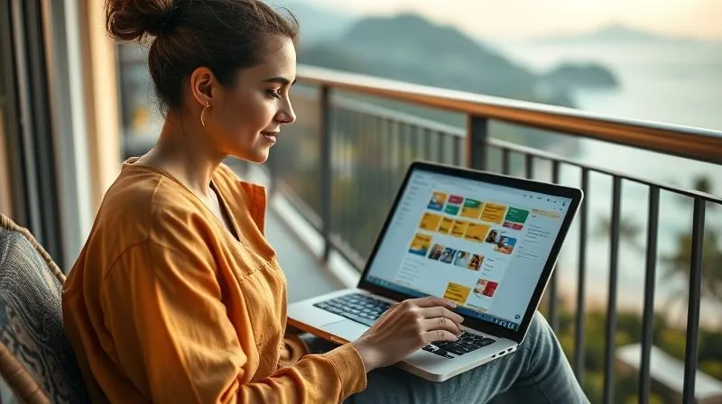 A photorealistic, professional photography, 8K, cinematic lighting, sharp focus, depth of field, shot on a high-end DSLR. The image features a digital nomad, a person with a serene and focused expression, sitting outdoors on a balcony overlooking a picturesque landscape (e.g., mountains or a tropical beach). They are holding a sleek laptop or tablet, and the screen subtly displays an organized Trello board with various lists and colorful cards, reflecting their work and life balance. A cup of coffee or tea is nearby. The light is soft and inviting, perhaps early morning or late afternoon, creating an atmosphere of calm, efficient, and fulfilling nomadic productivity. The focus is on the individual's harmonious interaction with technology in a beautiful setting.