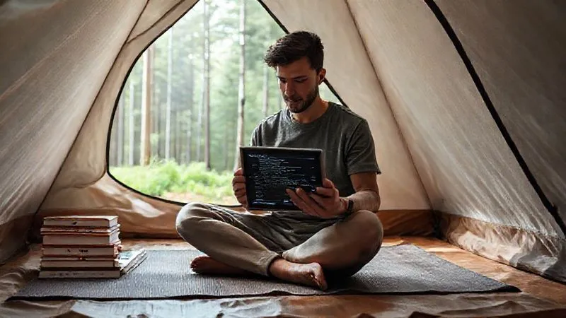 A photorealistic image of a digital nomad sitting cross-legged on a yoga mat inside a minimalist, well-lit tent, deeply focused on a tablet displaying a complex coding lesson. Books and a journal are neatly stacked beside them. The background shows a serene forest through the tent opening, but the focus is entirely on the nomad's calm, determined expression. Cinematic lighting, sharp focus, 8K hyper-detailed, professional photography, shot on a high-end DSLR.