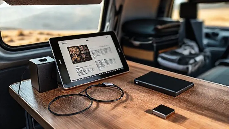 A photorealistic image of a digital nomad's organized workspace on a portable desk, set up inside a camper van. A tablet with a learning app is open, next to a power bank, a neatly coiled charging cable, and a small external SSD. The background shows a glimpse of a natural landscape through the van window. Cinematic lighting, sharp focus on the tech gear, 8K hyper-detailed, professional photography, shot on a high-end DSLR.