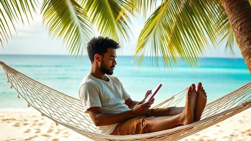 A photorealistic image of a digital nomad reading an e-book on a tablet, with a physical journal and pen beside it. The nomad is sitting comfortably in a hammock strung between two palm trees on a tropical beach, with the ocean in the background. The lighting is soft and natural, emphasizing tranquility and focus. Sharp focus on the tablet and journal, depth of field blurring the background. 8K hyper-detailed, professional photography, shot on a high-end DSLR.
