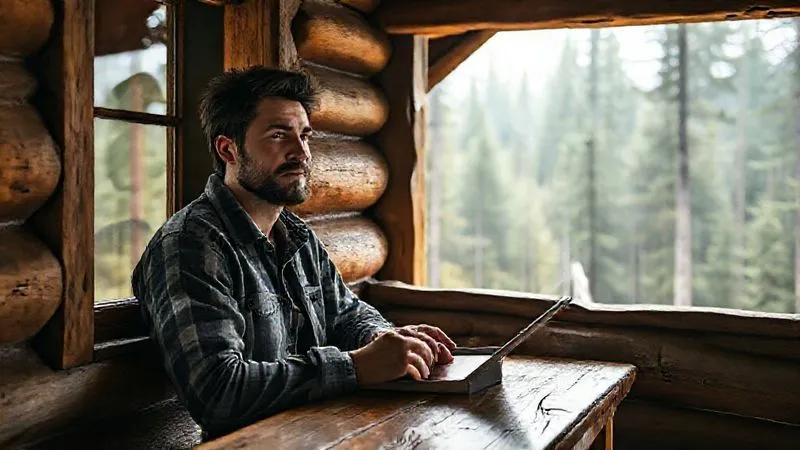 A photorealistic image of a digital nomad looking out a window of a rustic cabin, a thoughtful expression on their face, with a tablet resting on a wooden table beside them. The cabin is surrounded by dense forest, implying isolation and self-reliance. Cinematic lighting, sharp focus on the nomad's thoughtful expression, depth of field blurring the forest. 8K hyper-detailed, professional photography, shot on a high-end DSLR.
