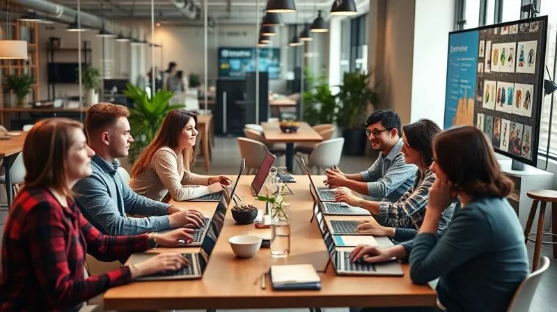 A photorealistic image of a diverse group of digital nomads (e.g., from different continents, various ages), sitting around a large table in a modern co-working space, engaged in a vibrant discussion. Some are looking at laptops, others at notebooks, and one is presenting on a large screen. The atmosphere is collaborative and energetic, with cinematic lighting and sharp focus on the faces, depth of field blurring the background. 8K hyper-detailed, professional photography, shot on a high-end DSLR.