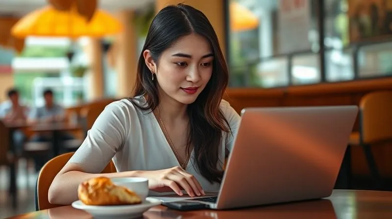 A photorealistic image of a young woman (Sofia) sitting in a vibrant, sun-drenched cafe in Southeast Asia. She's deeply engrossed in her laptop, where a UI/UX design interface is visible. Around her, there's a half-eaten local pastry and a cup of coffee. The setting implies a balance between work, learning, and local cultural experience. Cinematic lighting, sharp focus on Sofia and her screen, depth of field blurring the background. 8K hyper-detailed, professional photography, shot on a high-end DSLR.
