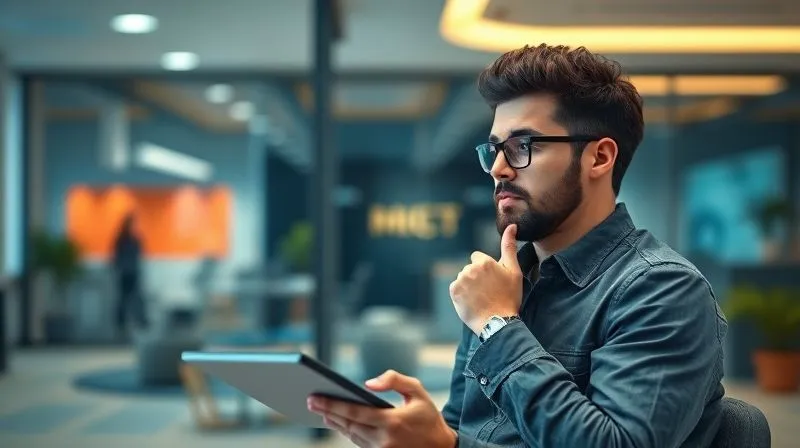 A photorealistic image of a digital nomad thoughtfully evaluating different coworking spaces on a tablet, with blurred backgrounds showing various types of modern office environments – one vibrant and open, another quiet and focused. Cinematic lighting, sharp focus on the tablet and the nomad's contemplative expression, 8K hyper-detailed.